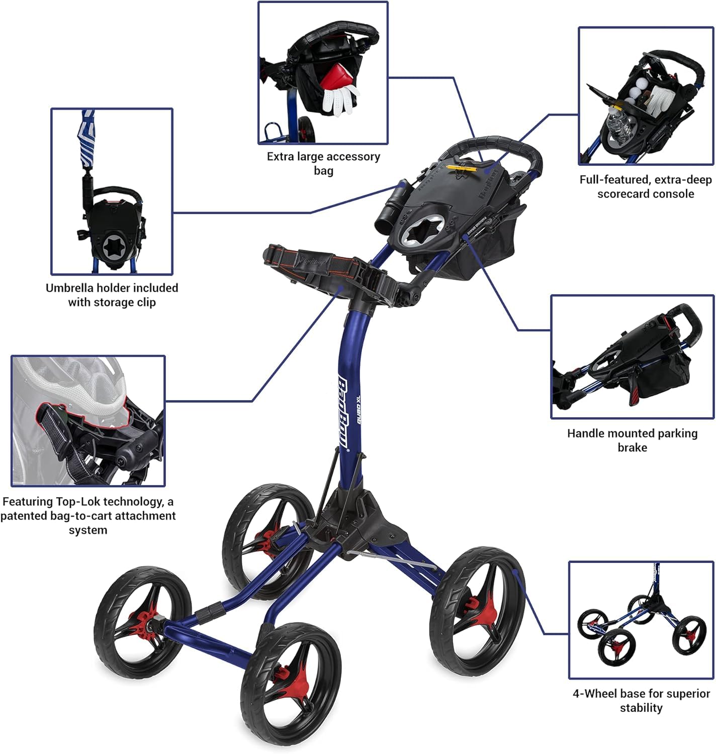 Bag Boy Quad XL Golf Push Cart, Red/Black