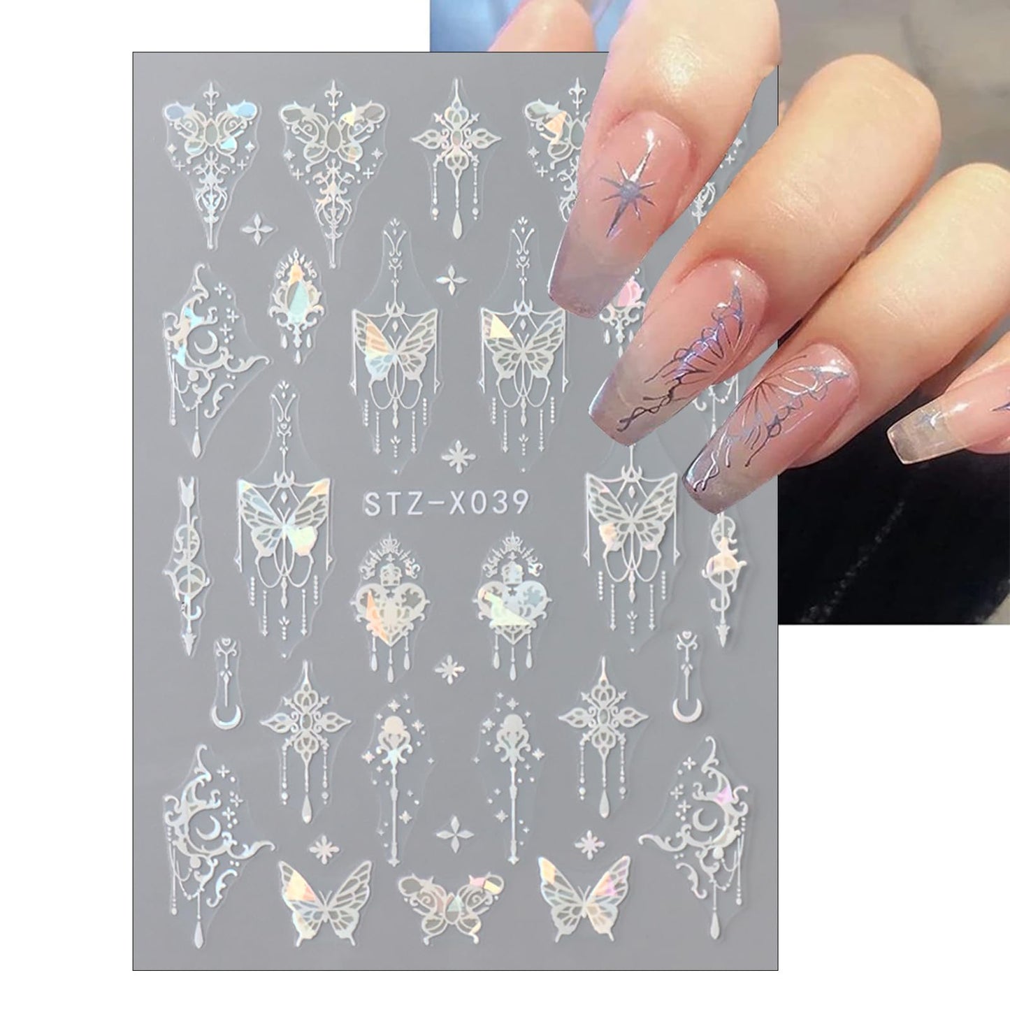 6Sheet Shiny Butterfly Nail Art Sticker,3D Holographic Black Pink Butterfly Nail Stickers Embossed Pendant Design Nail Decals Stars Heart Nail Sticker for Women DIY Nail Art Decoration