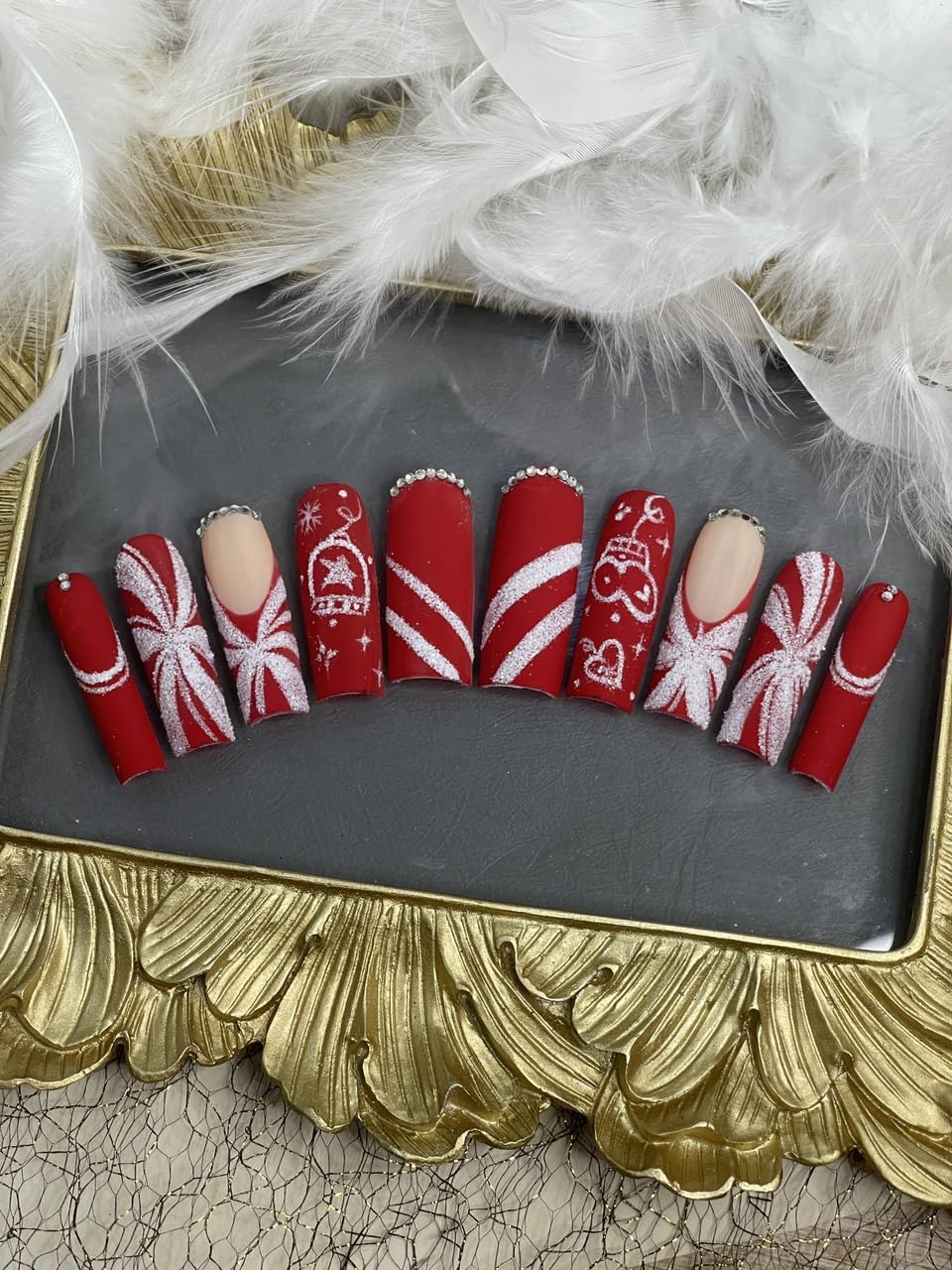 Christmas Press on Nail Handmade 3D Christmas with Rhinestones Fake Nails, False Tip For Women and Girls Full Cover - Haflona (Red Xmas Size L 10PCs)