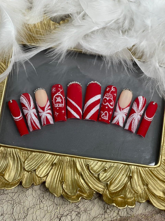 Christmas Press on Nail Handmade 3D Christmas with Rhinestones Fake Nails, False Tip For Women and Girls Full Cover - Haflona (Red Xmas Size L 10PCs)