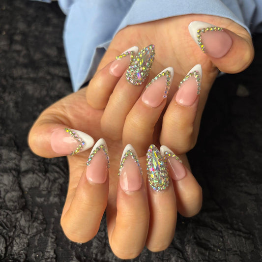 AKA Unicron French Tip Press On Nails Short Almond Handmade Acrylic Fake Nails Press Ons with Shining Rhinestones Charm Design,Nail Charm Nature Lasting Stick On Woman Fingernails