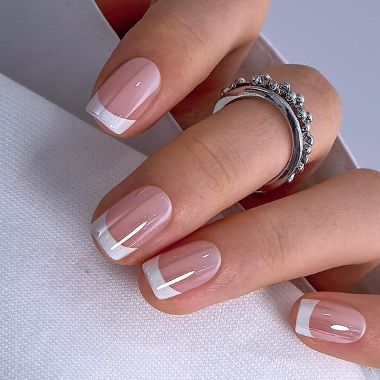 Curvlife Soft Gel Short Press on Nails Square French Fake Nails with Design Full Cover False Nails for Women Reusable Nail Kit with Nail Glue Adhesive Tabs Nail File