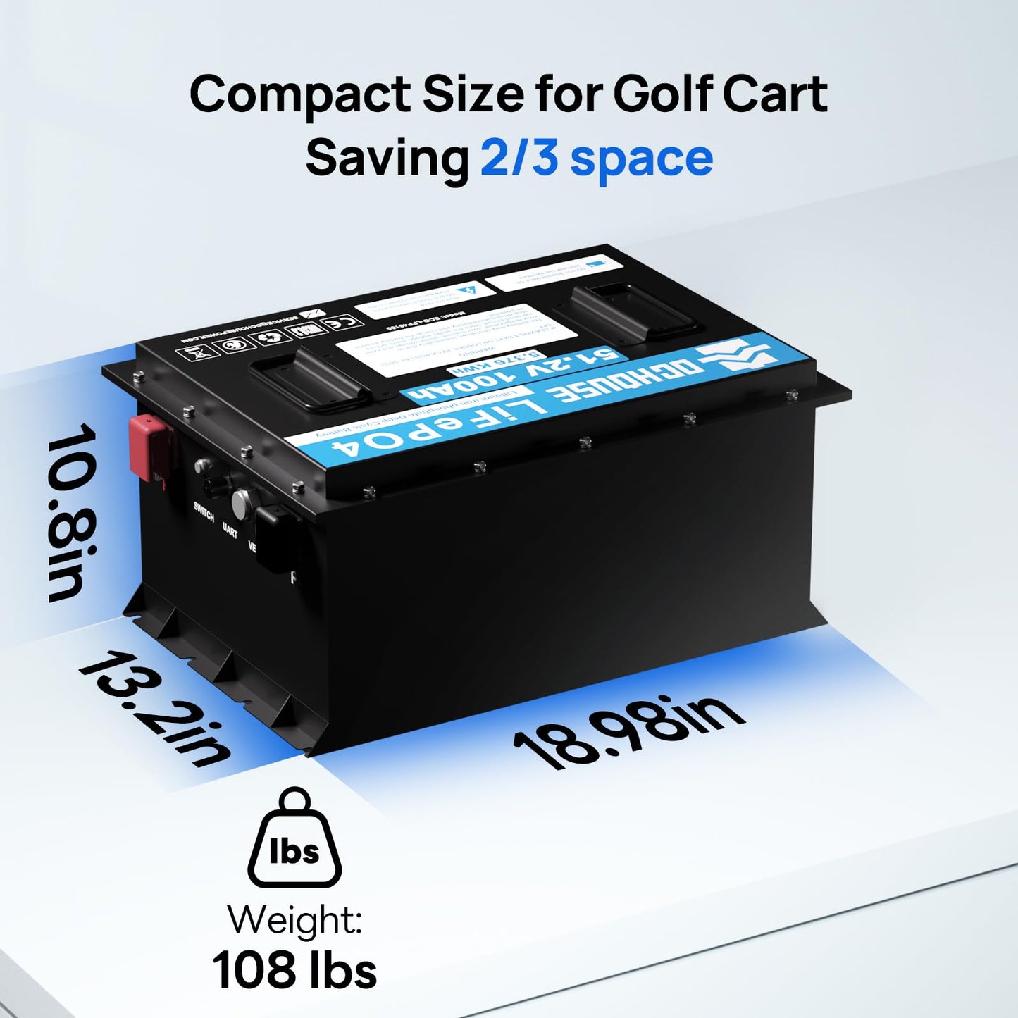 DC HOUSE 48V 100Ah Lithium Golf Cart Battery, Sturdy Metal Case Lifepo4 Battery with 48V 18A Charger, Bluetooth Mobile APP &Touch LCD Monitor, Built-in Smart 200A BMS, Peak Current 1000A Max