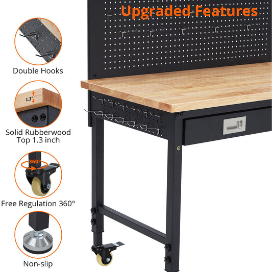 ACONEE 48" Workbench Heavy Duty, Adjustable Height Workstation with Drawer Storage, Backplate, 2000 LB Load Capacity, Multipurpose Rubber Wood Shop Table with Power Outlets, Hooks, Garage Storage