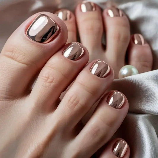 Golden Light Pink Press on Toenails for Women, Solid Color Fake Toe Nails Glossy Metal Plating Design Full Cover Stick on Toe Nails Holographic Mirror Pink False Toenail Summer Beach Glue on Toenails