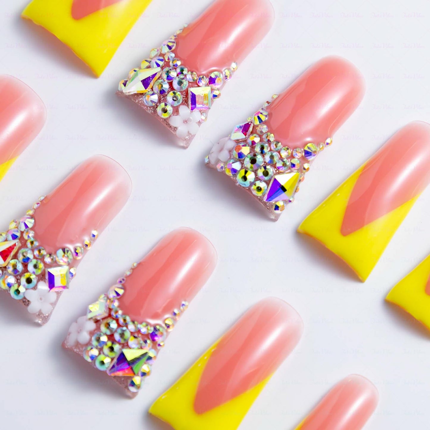 IntoVibes 10 Pieces Luxury Acrylic Press On Nails Long Handmade Duck Nails, Yellow Thickened False French Nails, With Bling Rhinestones & Y2K Princess Vibes, Reusable Acrylic Nails (M)