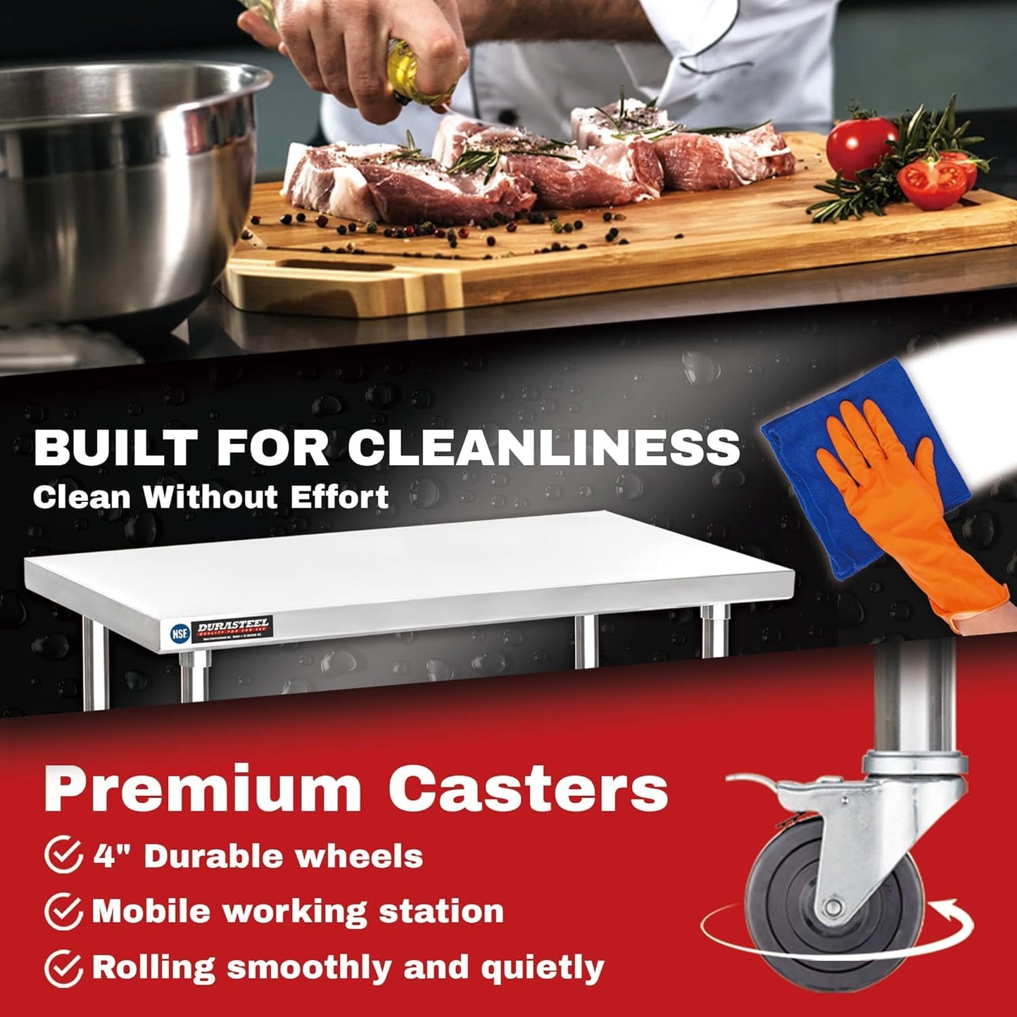 DuraSteel 30x30 NSF Stainless Steel Cart Work Table - Heavy Duty Rolling Food Prep Table Countertop Island - Metal Utility Cart on Wheels Caster, Grill Stand Storage Outdoor Kitchen Tables Bar Top