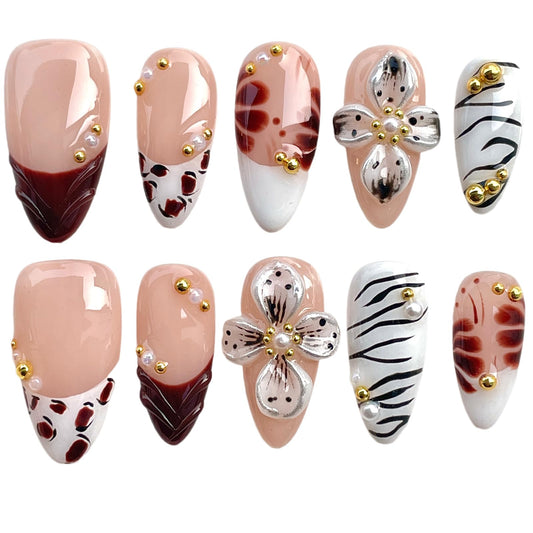 Press on Nails Medium Almond, 3D Floral & Leopard Zebra Print French Tip, Handcrafted Gel Stick On Reusable False Nails Wild Mocha (M)