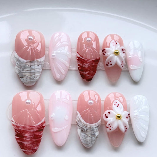 Threelegscat 10 PCS Handmade Almond Press on Nails Medium French Tip Fake Nails 3D Flower and Pearl accents for Women Daily& Gift Size M