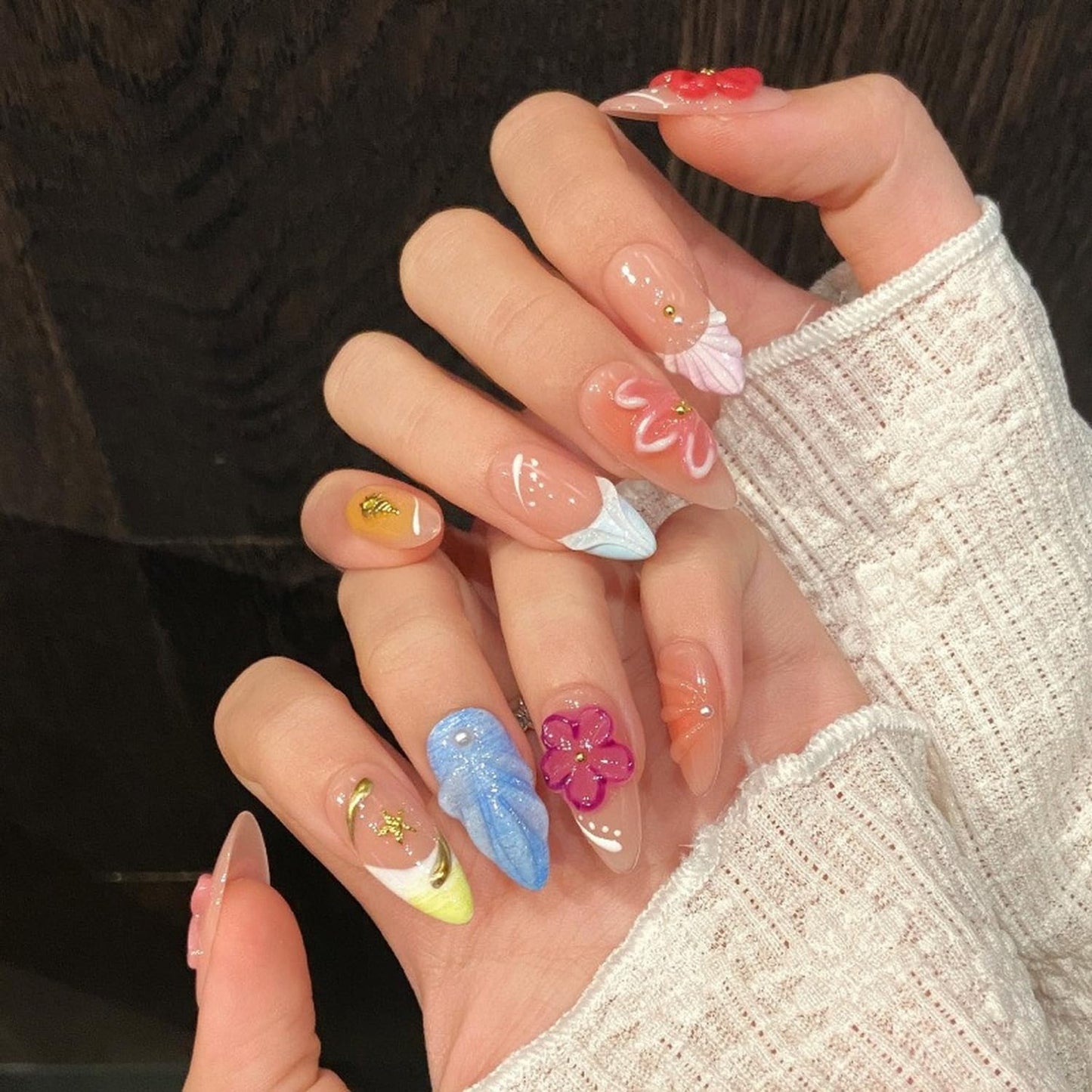 Luxury Press on Nails Medium Almond Handmade 3D Unique Reusable ABS Material Fake Nails French Tip False Nails with Designs Stars Pink Flower Art Petal Glossy Glue on Thick Acrylic Nails(M)