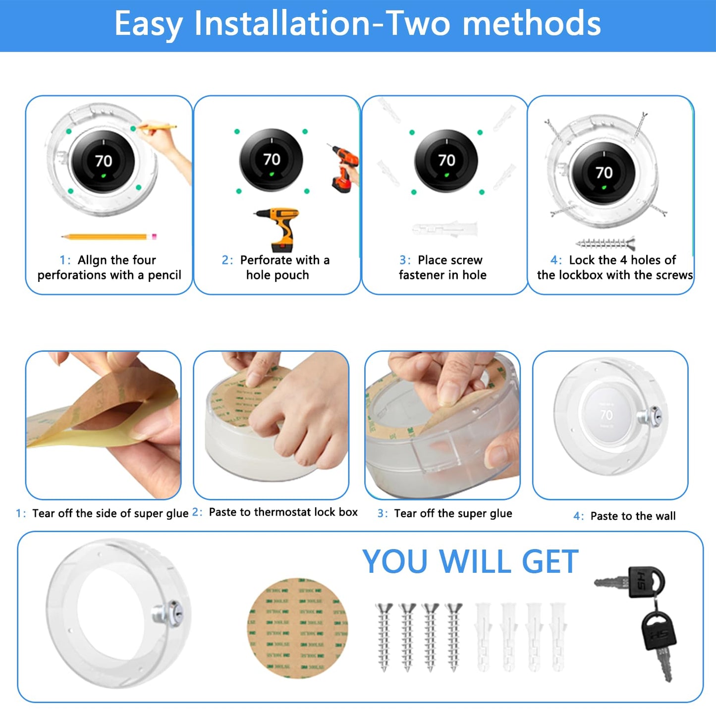 Round Thermostat Lock Case with Key, Upgraded,Thermostat Cover Universal, Thermostat Lock Case Clear, Wall Thermostat Guard, Fits Round Nest Thermostat(3.5x3.5x1.9 in) or Smaller