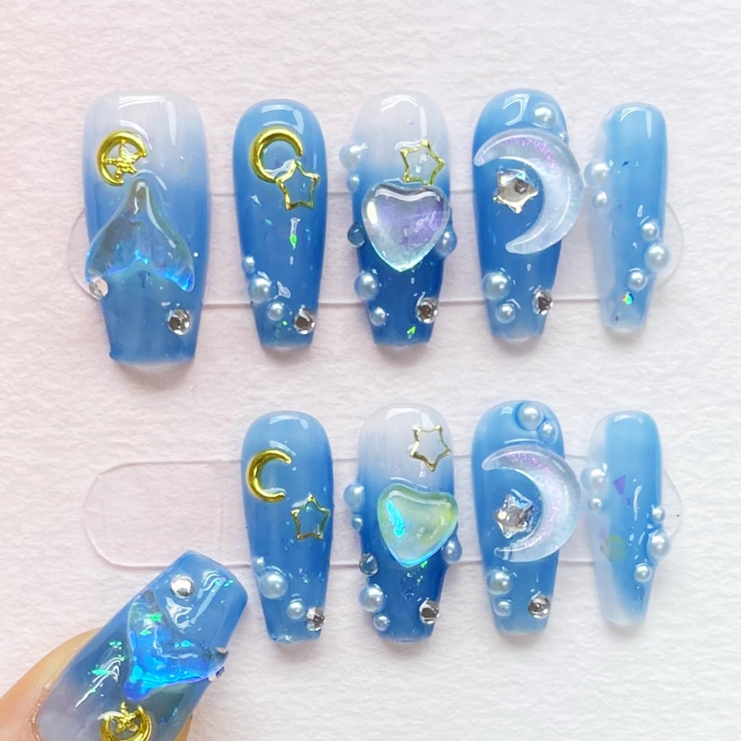 RENBING handmade press on nails short coffin,fake nails with designs,10 pcs high hardness acrylic nails press ons,3d cute false nails for women-Mermaid Ocean(S)