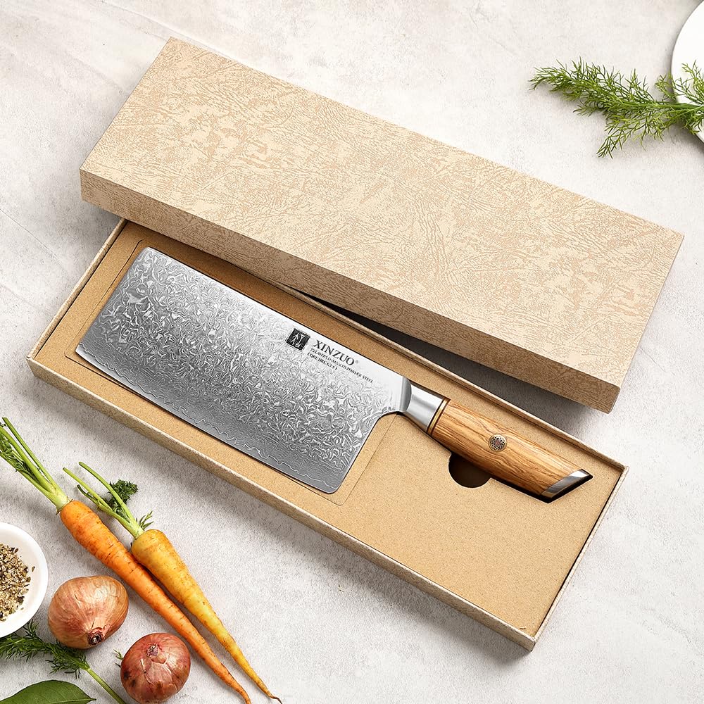 XINZUO Cleaver Knife 7.5 Inch, 73 Layer Damascus Steel Powder Steel Core Chinese Chef's Knife, Multifunction Vegetable Meat Slicing Knife with Olive Wood Handle -Lan Series