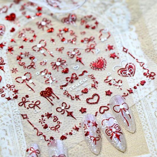 Valentines Nail Stickers for Nail Art Red Heart Nail Stickers 5D Self-Adhesive Embossed Bow Hearts Nail Decals Valentine's Day Nail Decorations for Women 1 Sheet