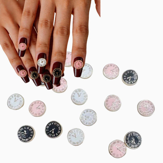 Clock Nail Charms 3Color Round Alarm Clock Nail Gems Metal Alloy Pink Black White Nail Jewels with Romanesque Design 5D Shiny Vintage Nail Art Charms for Women Girls DIY Artificial Nail 30Pcs 8mm