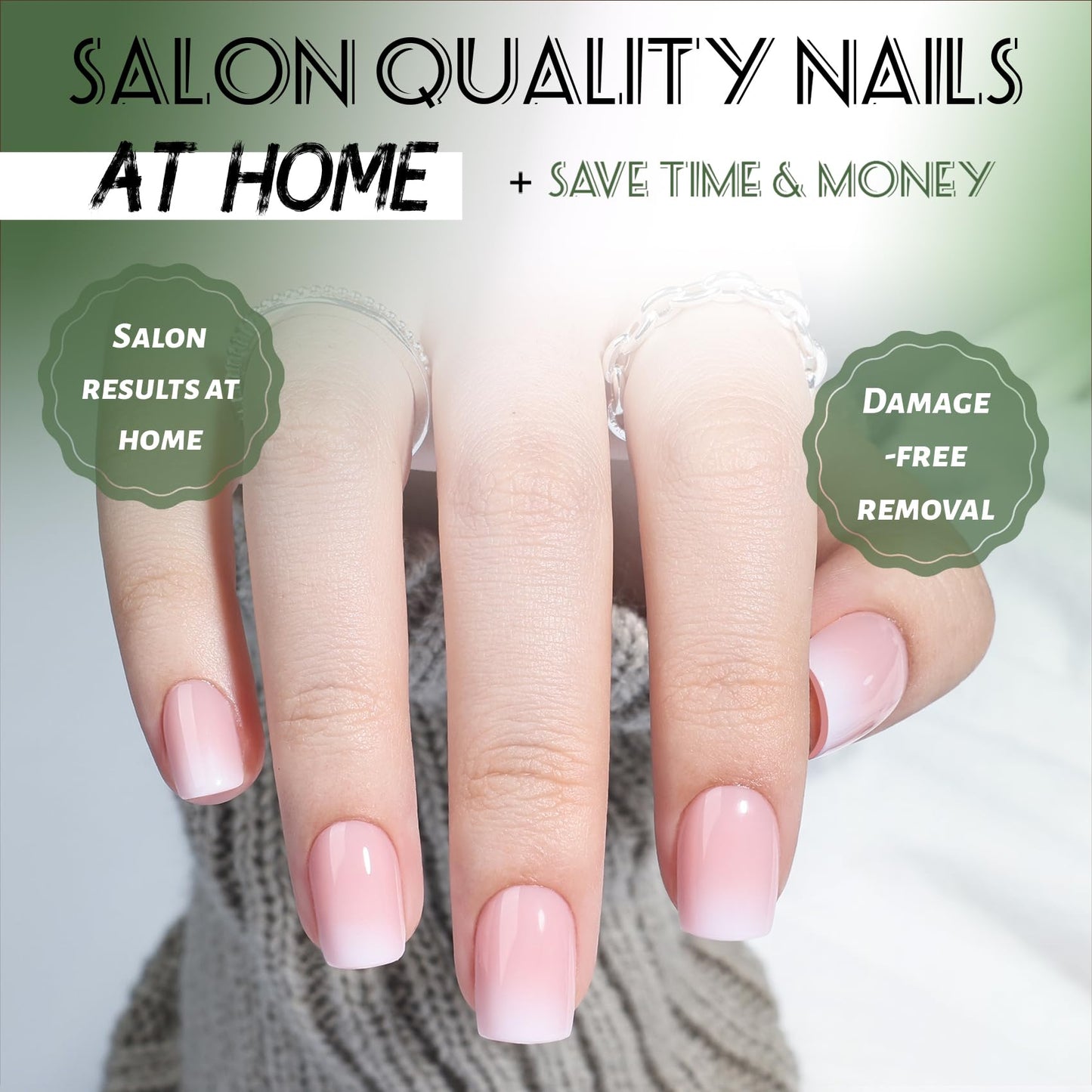 SEEWEE Pink Ombre Press On Nails Square - Short Square Nude Pink Fake Nails with Nail Glue, Nude Press On Nails Opaque Reusable Stick On Nails in 15 Sizes - 30 Nail Kit | Salon Quality