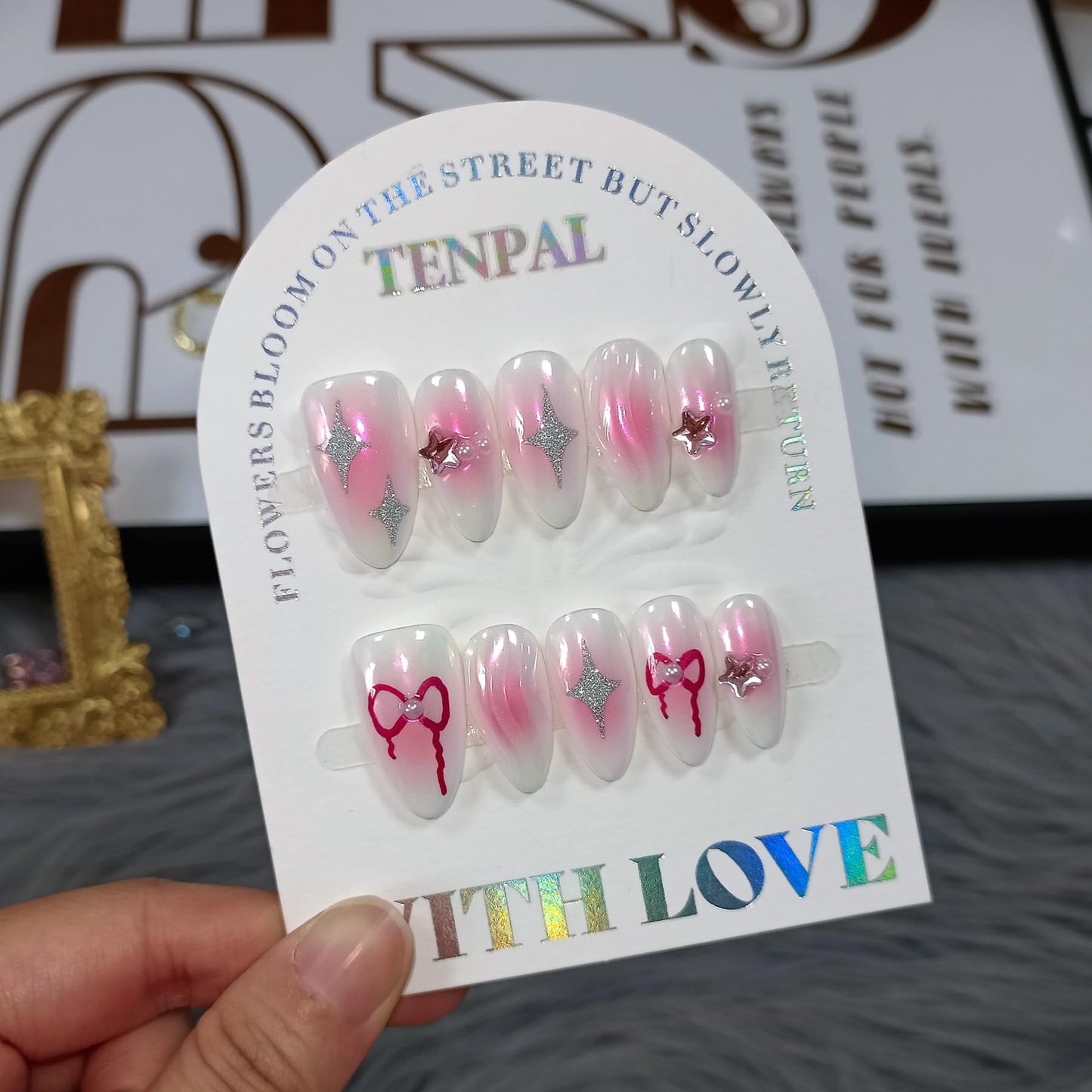 TENPAL Handmade Aurora Pink Press On Nails Medium Almond-Acrylic Glossy Y2k Sweet Cool Soft Gel Fake Nails For Women Girls,Reusable Star Bow Pattern Glue On Nails With Charms 10pcs/Box Kits (XS)
