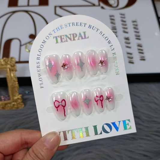 TENPAL Handmade Press On Nails Almond-Aurora Pink Acrylic Soft Gel Finished Reusable Fake Nails,Y2k Sweet Cool Glue On Nails With 3D Star Bow Charms 10pcs/Box Manicure Kit Sets (L)