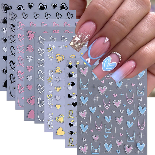 9 Sheets Valentines Day Nail Art Sticker Set 3D Self Adhesive Hearts Nail Decals Hollow Peach Heart Shaped Nail Design French Love Hearts Nail Supplies Valentine Sticker Charms Manicure Decoration