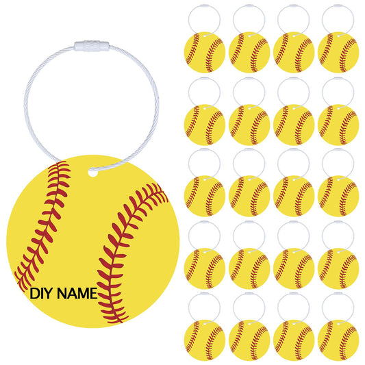 Liliaafar 24 Pcs Softball Luggage Tags Bulk Softball Ball Bag Tags for Travel Suitcase Keychain DIY Accessories 2.8'' PVC Name Labels Number ID Card with Metal Ring for Team Gifts