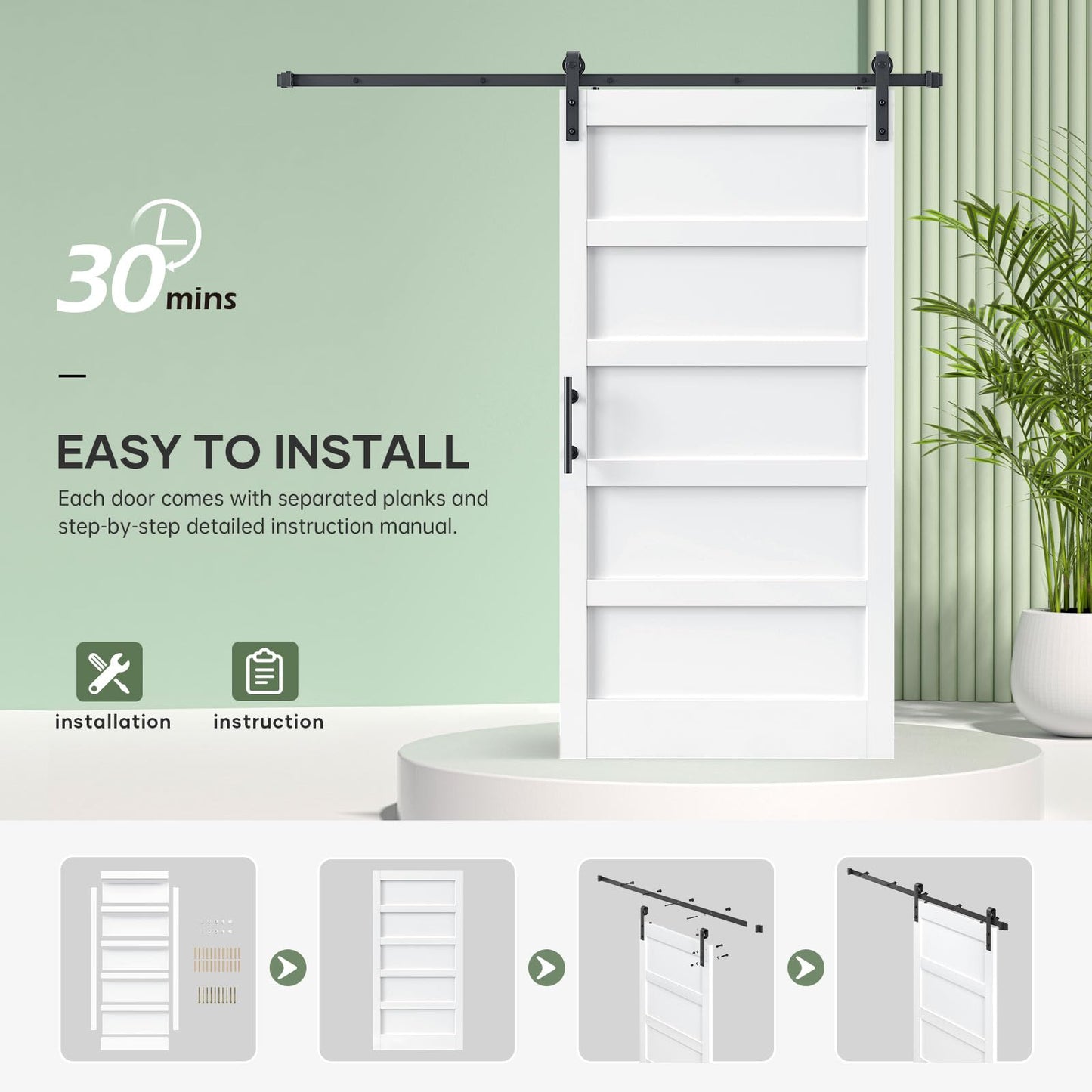 ROYMELO 42x96 Inch White Sliding Barn Door Slab with 7ft Hardware Kit Included, 5-Panel, MDF Wood Panel Covered with Water-Proof Scratch-Proof PVC Surface, Simple DIY Assembly