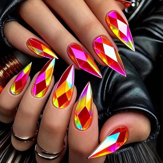 CJDLTS Pink Press on Nails Medium Length Artificial Acrylic Gradient Rainbow 3D Diamond-Shaped Electroplating Fingernails Almond Full Cover Glossy Stick on Nail False Nails for Women Manicure 24Pcs