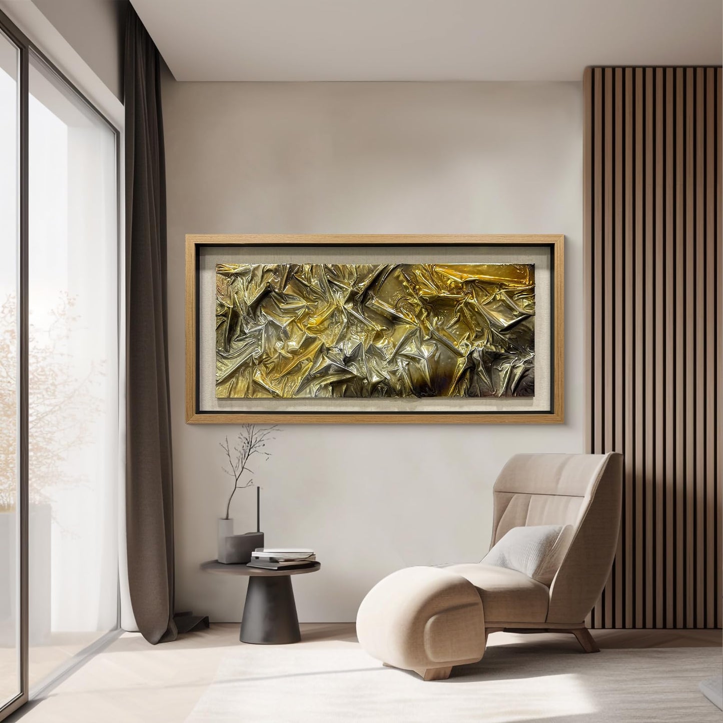 BrightA Liquid gold texture leather 3D wall art with double-sided hanging gold and silver texture reliefs, suitable for enterprise walls (horizontal/vertical) 47.2"x23.6"