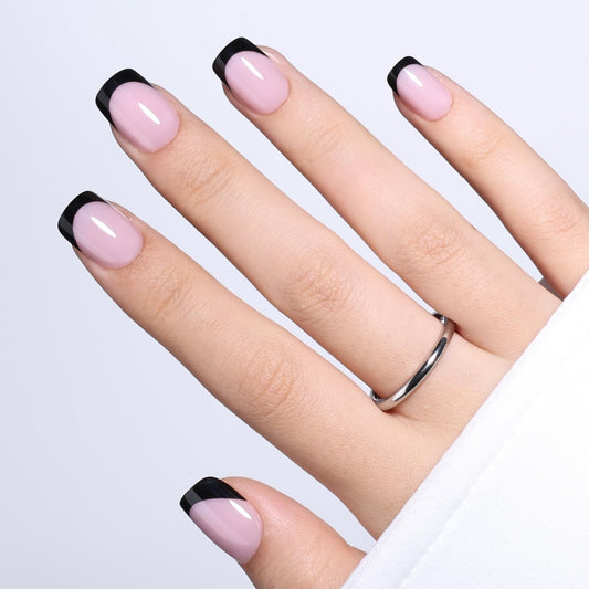 Black French Tip Press On Nails Short - Square Short Fake Nails with Nail Glue, Black French Tip Press On Nails Square Reusable Stick On Nails in 15 Sizes 30 Nail Kit for Women | Salon Quality