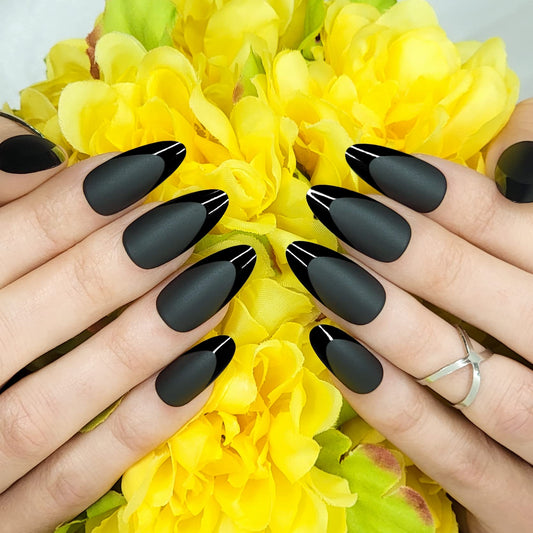 Hypnaughty 24 Pcs Caviar Almond Black Matte Press On Nails with Glossy Black French Tip and Glue Medium Long Pointed Oval False Nails (Caviar)