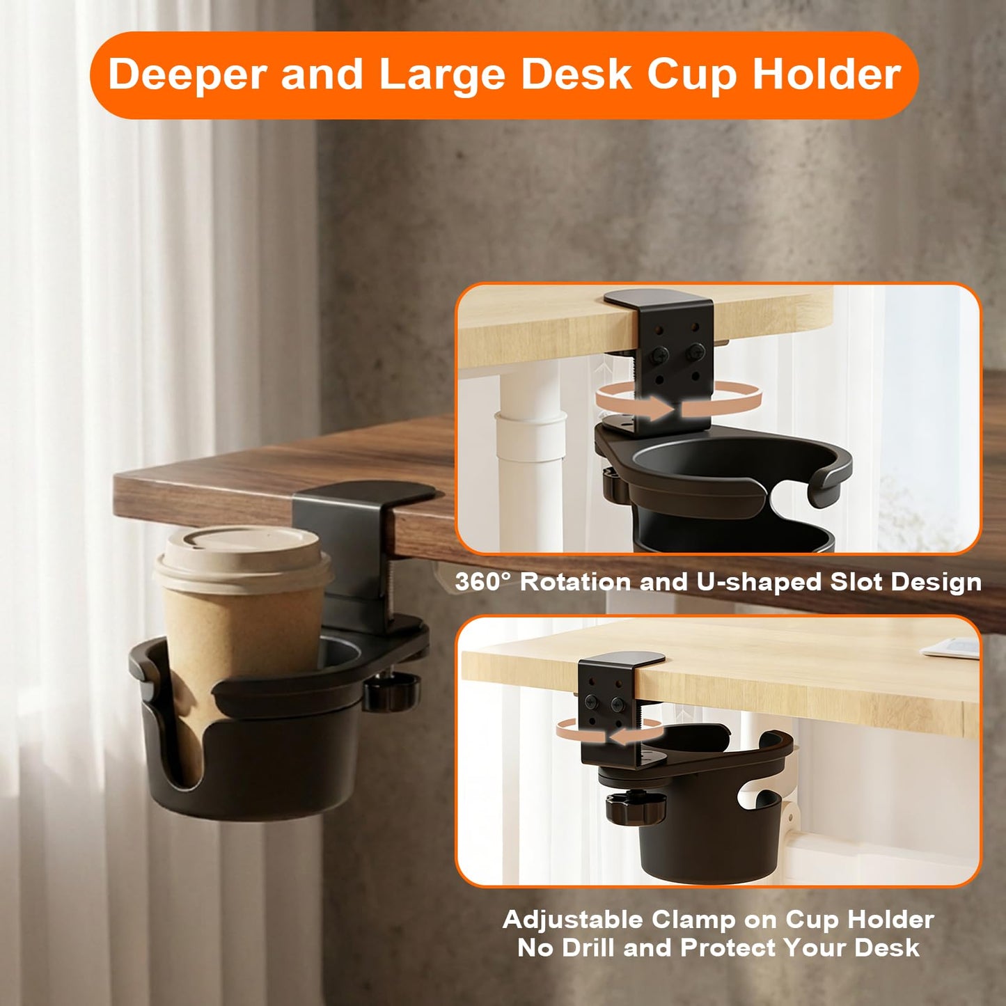 Desk Cup Holder Clamp with 360° Rotation,Anti-Spill Clip On Table Cup Holder, 1 Cord Organizer, Rotatable Water Bottle Stand Drink Coffee Mug Storage, Office Accessories for Home and School (Black)