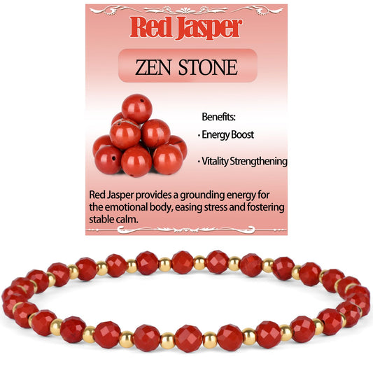 QOGIR Red Jasper - Zen Stone - 14K Gold Plated Beads Natural Gemstone Stretch Elastic Dainty Healing Beaded Bracelets Gifts 4mm