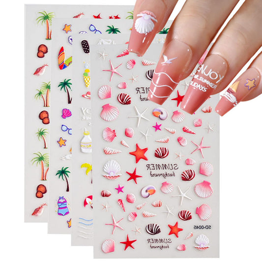 4 Sheets Ocean Nail Art Stickers Summer Nail Decals 5D Embossed Beach Self-Adhesive DIY Nail Sticker Cute Palm Tree Sea Shell Starfish Nail Supplies for Women Acrylic Nails DIY Decoration