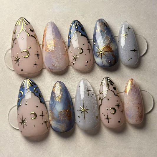 24 Pcs Press on Nails Short Almond,MINGCHUN Fake Nails Press ons Acrylic Nail Art Tips Kit Full Cover False Nails Glue on Nails with Summer Starry Sky Gold Foil Glitter Design for Women Nail Supplies