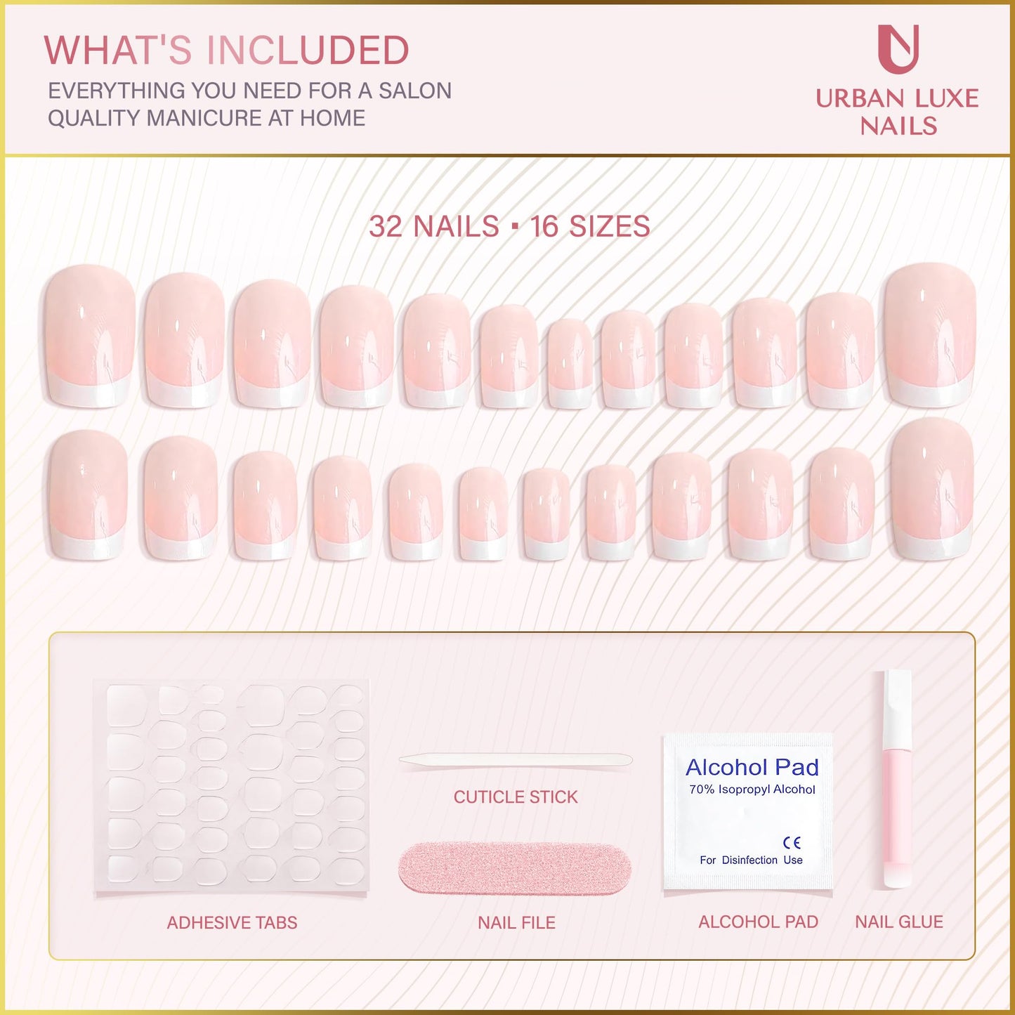 Urban Luxe Nails Premium Press On Nails - Short French Tip Press On Nails with Salon-Quality Finish, 32-Piece Reusable Set with Adhesive Tabs, Includes Jelly Glue for Nails & Prep Tools
