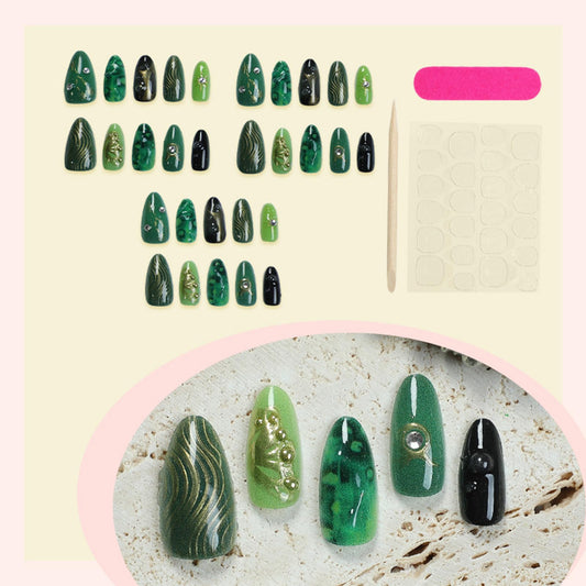 Mkwntg 30Pcs Green Press on Nails Medium Almond Fake Nails with 3D Gold Beads Rhinestones Design Gold Line Butterfly Wave Acrylic False Nails Marble Ombre Full Cover Stick on Nails for Women Manicure