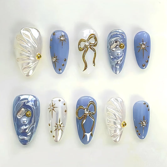 24Pcs Handmade Press on Nails Medium Almond French Tip Fake Nail with Bow Star Gilding Design Blue False Nails Full Cover Artificial Acrylic Rhinestones Nails Sparkling Stick on Nails for Women