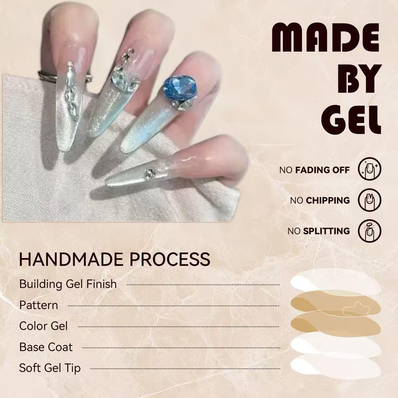 C.Z.Z.T.T.NAILS Nude Color Cat Eye Fake Nails, Long Almond Shaped with Blue Nail Art Rhinestones and Cat's Eye Gloss, 24pcs with Jelly Glue,Suitable for Parties or Gifts.