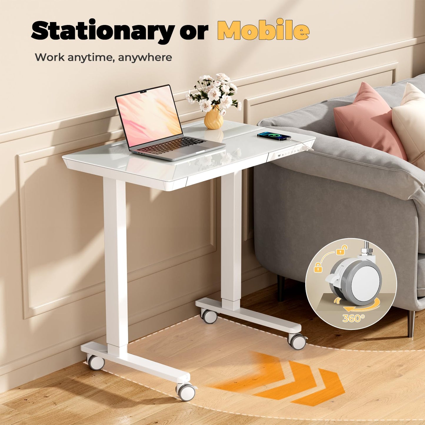 JYLH JOYSEEKER Glass Small Standing Desk with Drawer, 31.5" x 20" Whole Piece Electric Sit Stand Table, Height Adjustable Desk with Storage & USB Ports, Quick Install Home Office Computer Desk, White