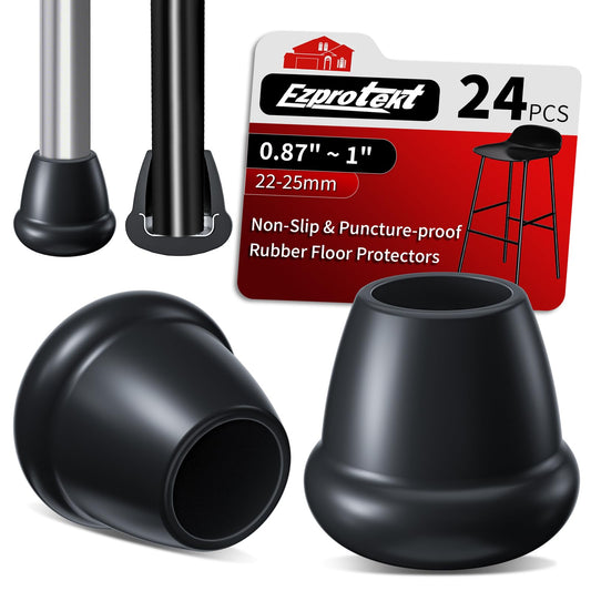 Ezprotekt 1" Rubber Chair Leg Caps, 24 Pcs Round Non-Slip Chair Leg Floor Protectors, Furniture Stool Leg Feet Covers for Bar, Tables, Patio Metal Legs, Black (M Fit: 0.87" - 1")