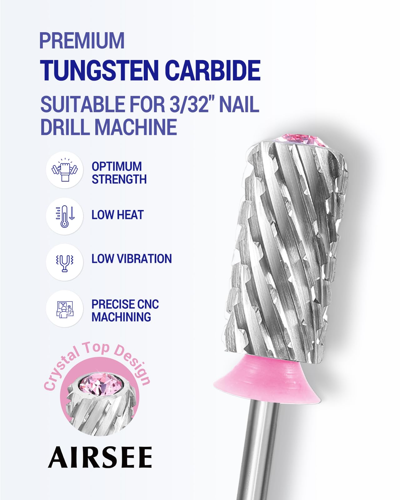 AIRSEE Tungsten Carbide Acrylic Nail Drill Bit Efile Electric File Machine Head Tip for Manicure Polishing Art Remove Gel 3/32" 2 Way Beginner Safety Pink Crystal Top Barrel 3X Coarse-3XC