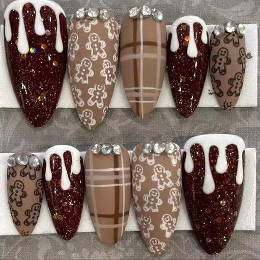30Pcs Christmas Press on Nails Medium Almond Fake Nails Cute Gingerbread Man False Nails with 3D silver Rhinestones Design Brown Glitter Winter Snow Artificial Stick on Nail Full Cover for Women DIY