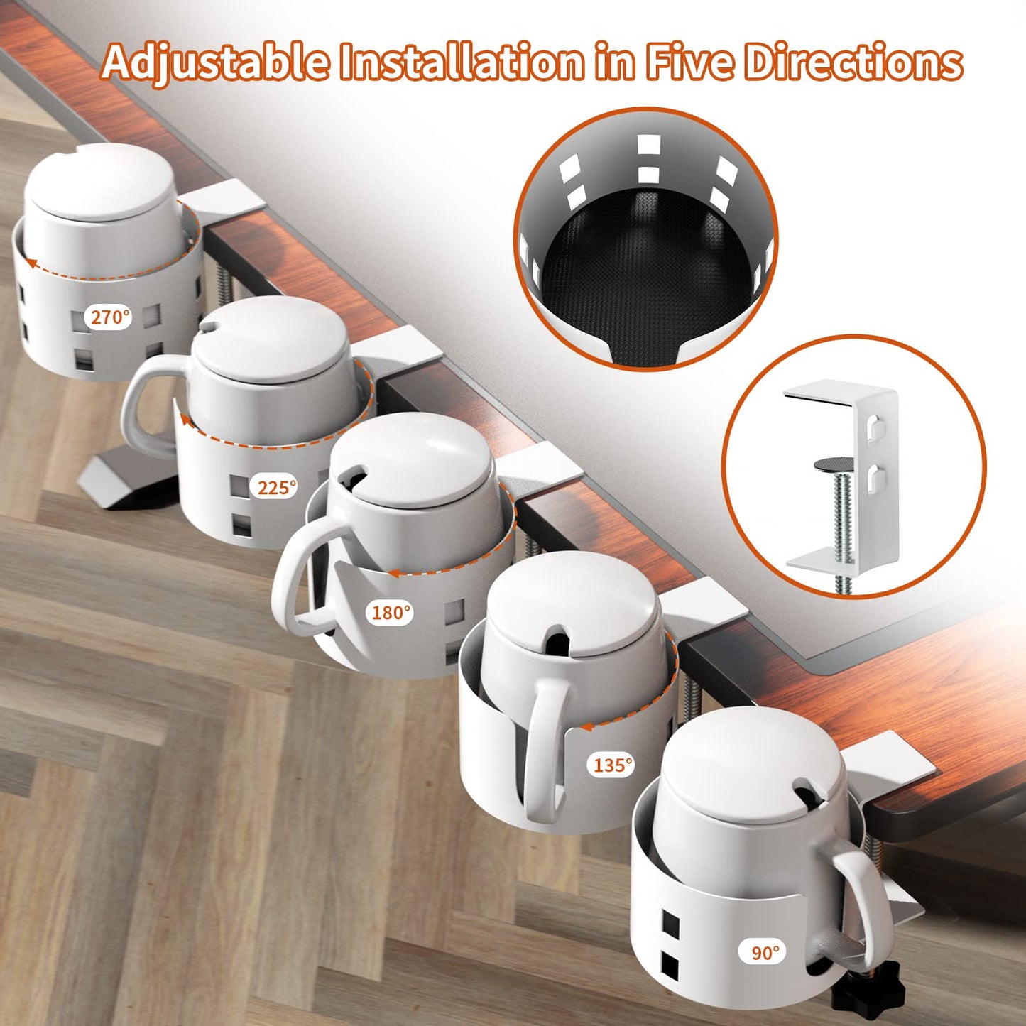 Upgraded Large Desk Cup Holder Clamp, Anti-Spill Cup Holder for Table, Durable 5 Adjustable Directions, Metal Office & PC Gaming Desk Accessories, Enough to Hold Coffee Cups, Water Bottles, White