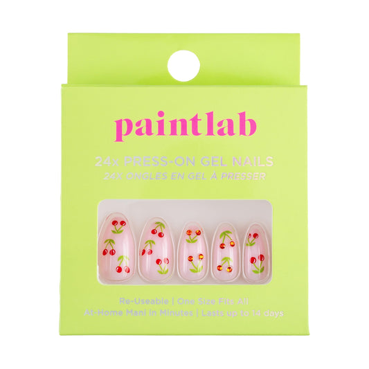 PaintLab Press On Nails - Cherry Bomb Almond Fake Nails, 30 Nails in 15 Sizes with Glue, Reusable Salon Quality Press On Nails