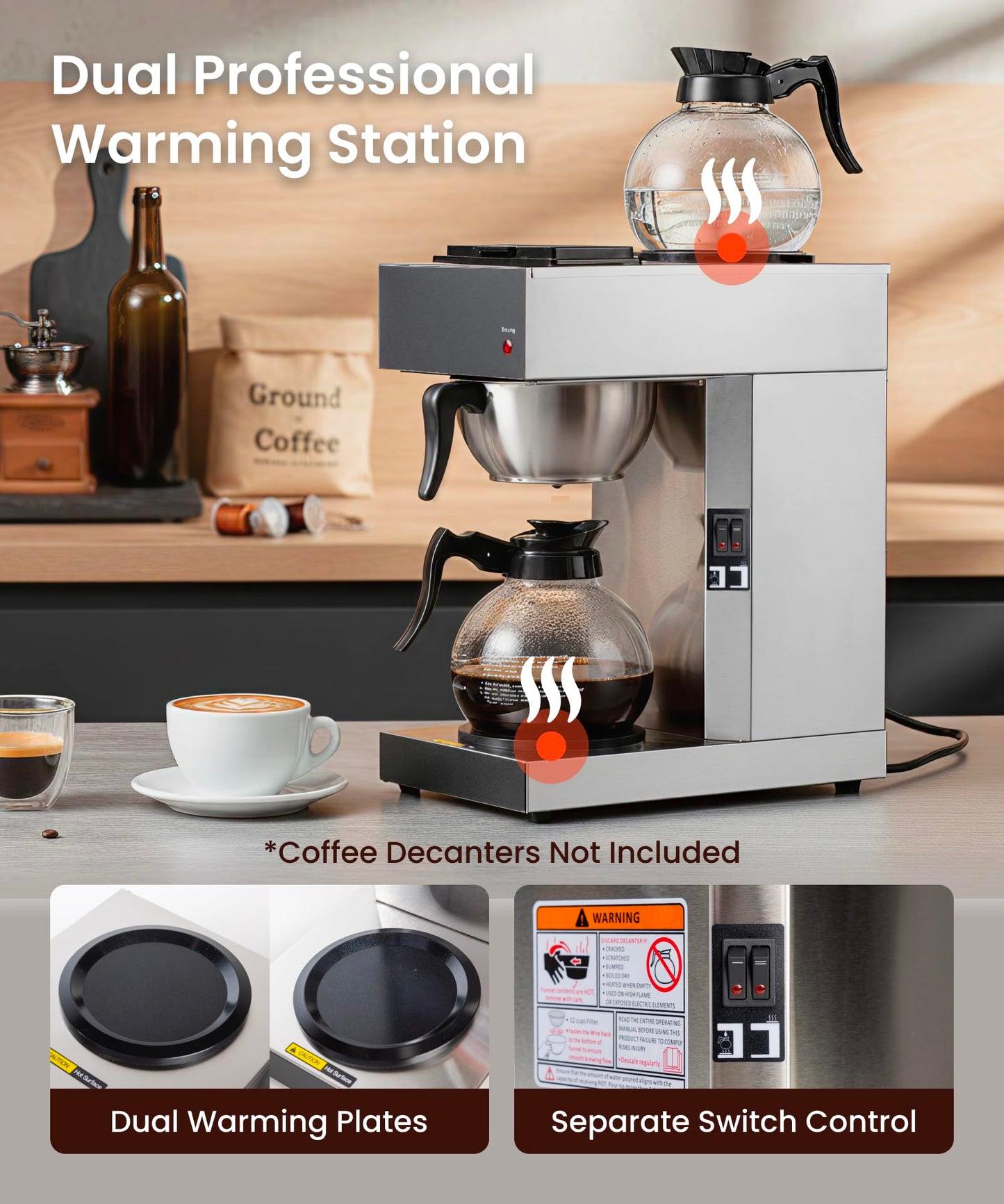 SYBO 12 Cup Coffee Maker Commercial, Pour Over Coffee Maker Brewer, Industrial Stainless Steel Cafetera with 2 Warmers