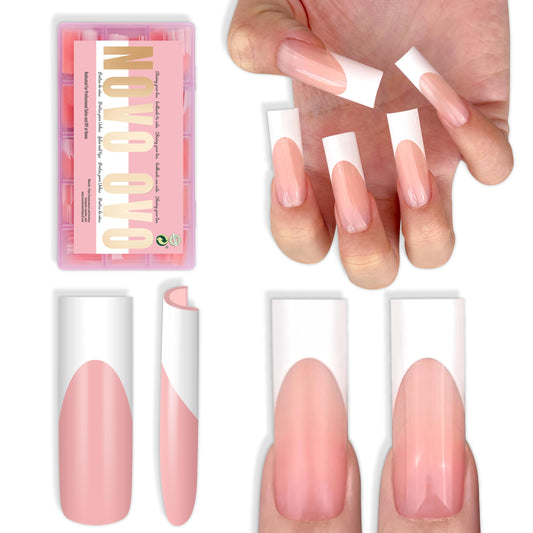 NOVO OVO Long Sharp Square White French Tip Nail Tips Press on BABY PINK, Extra Thick NEED Builder Gel & Top Coat & Glue, Soft Gel full Cover False Fake Nail Extension for Salon DIY x 15 Sizes 180 pc