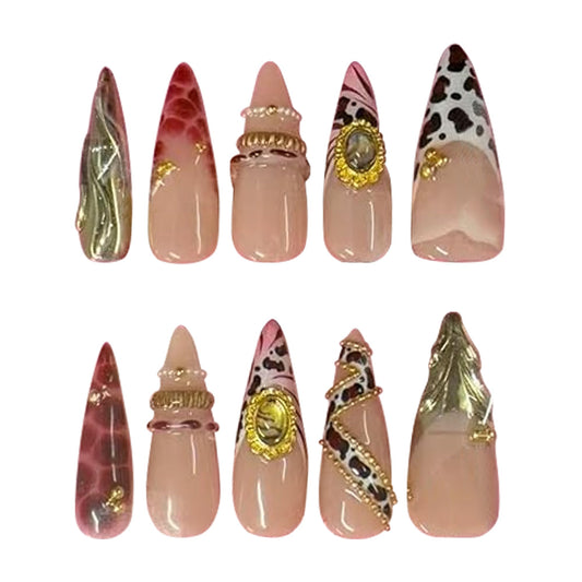 Pinktlicious Handmade Nude Stiletto Press On Nails - Neutral French Tip Glue On Nails with Gold Accents, Reusable Salon-Quality Fake Nails for Women (M)