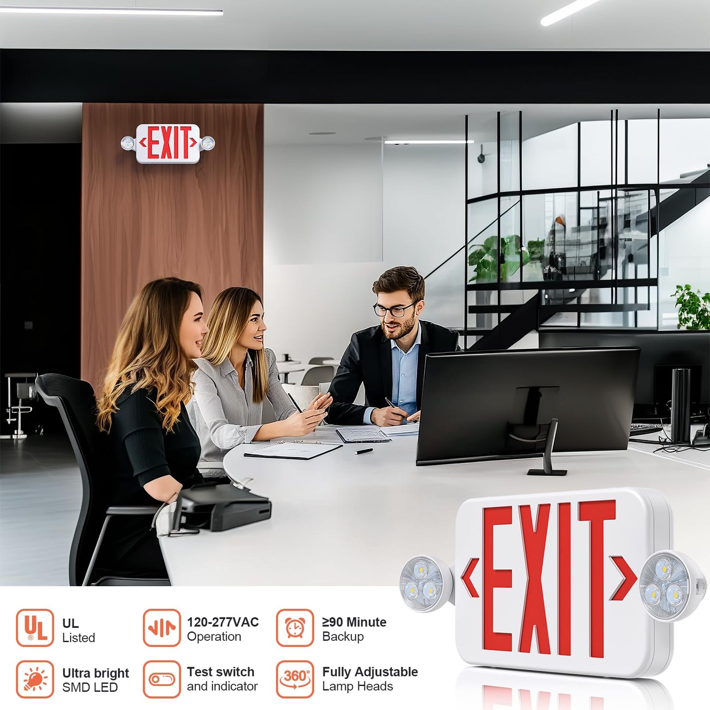 SASELUX Led Exit Sign Emergency Light Combo Adjustable Two Head,Double Sided and Battery Backup Exit Light,Red Letter Hardwired Emergency Exit Sign,AC 120/277V,UL Listed,Ceiling&Wall Mount (1 Pack)