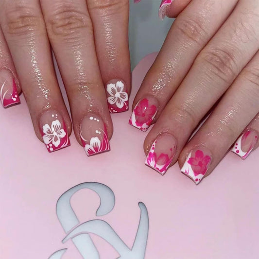Pink White French Tip Press on Nails Flower Fake Nails Short Square False Nails Spring Summer Glue on Nails Full Cover Artificial Stick on Nails for Women Girls DIY Manicure Salon 24Pcs