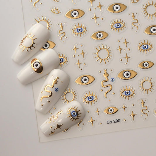 5D Embossed Gold Nail Stickers for Nail Art Evil Eyes Nail Art Stickers Decals for Acrylic Nails Self Adhesive Star Nail Decals Design Gold Nails Supplies for Women Girls