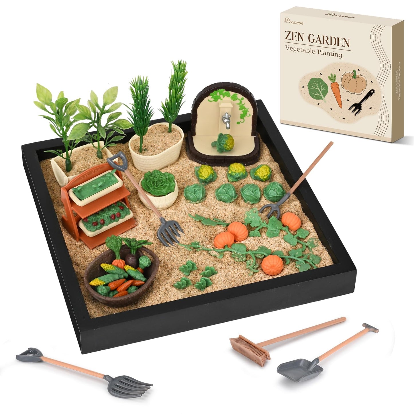 Dreamon Zen Garden for Desk, Mini Veggie Zen Sand Garden for Sandbox with Vegetable, Plants and Gardening Tools, Sand Tray Therapy Kit with 56 Accessories, Fidget Stress Relief Toys Novelty Gift Idea